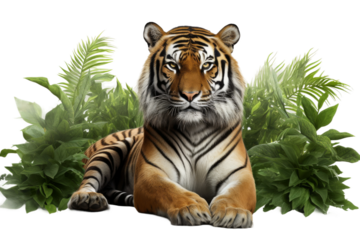 Majestic Tiger Posing Amongst Lush Foliage on a White or Clear Surface PNG Transparent Background..