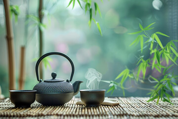 zen background with teapot, cups, and bamboo mat provides a serene atmosphere for mindfulness and meditation, promoting relaxation and focus, with space for text