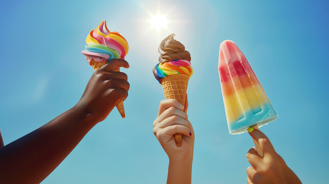 Trio group of racially diverse women together in summer. Holding up variety of pride themed ice creams. LGBTQIA community during pride month. Food at a pride festival on the beach on a hot sunny day.  - Powered by Adobe