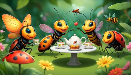 Adorable cartoon insects having a tea party in a vibrant garden. Ladybugs, bees, and dragonflies sit around a table with a teapot, cups, and a cupcake, surrounded by blooming flowers and lush greenery