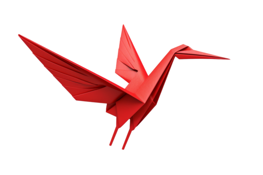 Crimson Origami Bird Soaring Freely on a White or Clear Surface PNG Transparent Background..