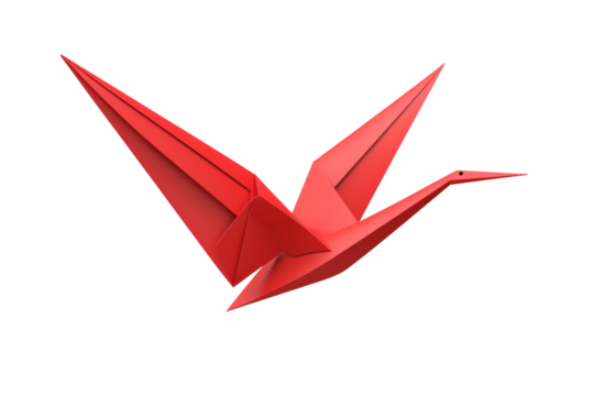 Scarlet Soaring Origami Bird on a White or Clear Surface PNG Transparent Background..
