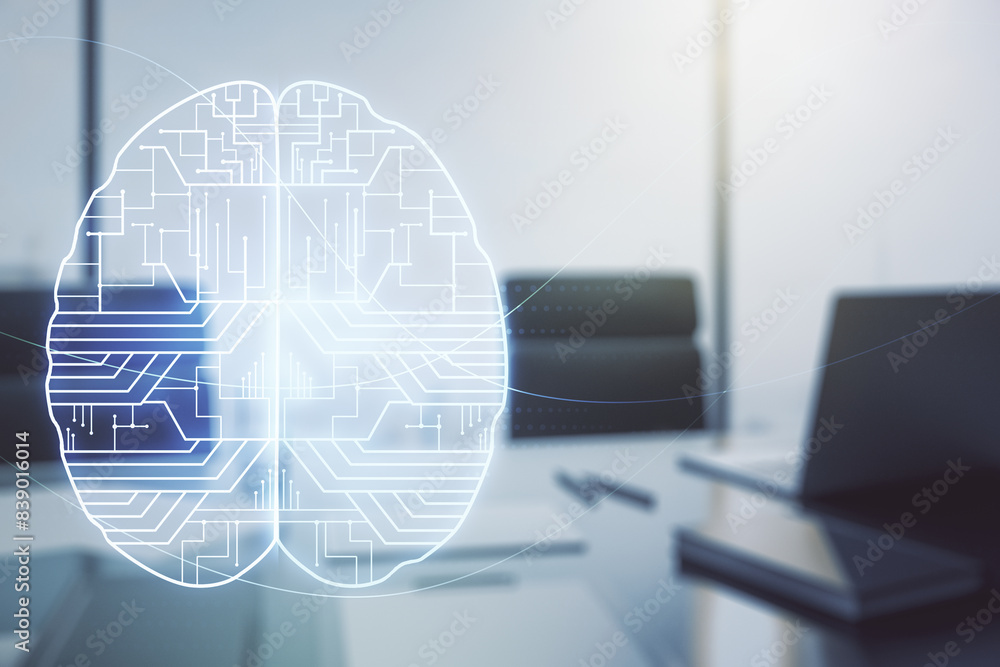 Poster creative artificial intelligence concept with human brain hologram and modern desktop with computer 