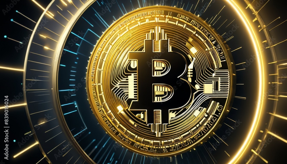 Poster a glowing golden bitcoin symbol surrounded by a futuristic halo, representing digital currency and b