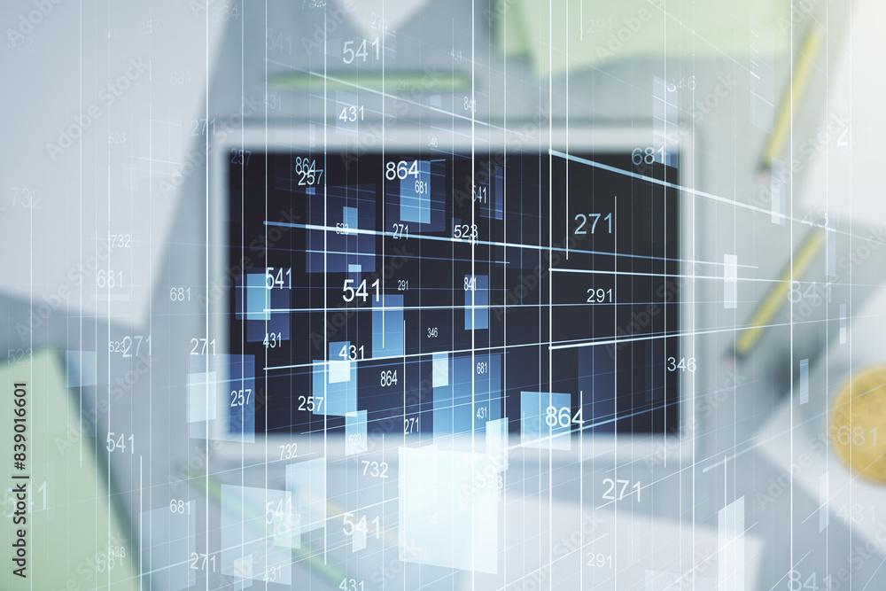 Poster double exposure of abstract creative statistics data hologram and digital tablet on background, top 