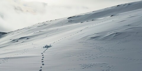 Detailed texture of a snow-covered mountain slope, footprints visible, overcast sky, direct overhead shot. 