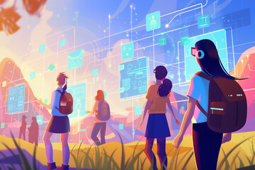 People walking on futuristic city busy street with illuminated digital display. Vibrant lights, reflecting modern city life and motion.