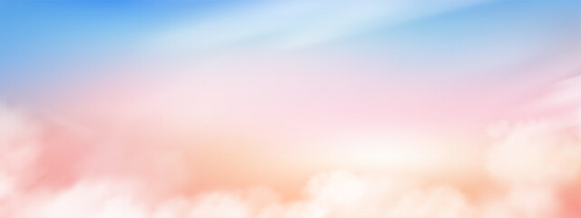 Sky Background,Pink color abstract soft fluffy cloud in Autumn,Cartoon fantasy Sunrise Morning Winter Sky pastel blue,yellow,Draemy Dramatic Orange Sunset,Vector fairy mystic twilight in Summer