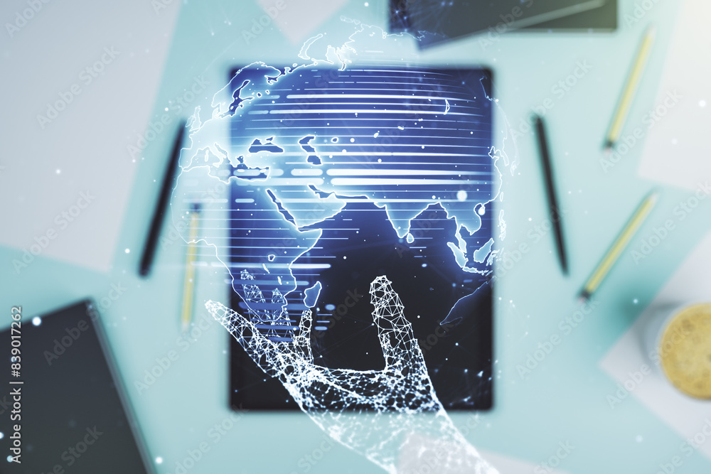 Poster multi exposure of abstract creative digital world map and digital tablet on background, top view, re