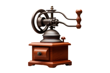 The Enchanting Dance of the Vintage Coffee Grinder on a White or Clear Surface PNG Transparent Background..