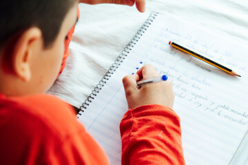 Young boy writing in book with pen during homeschooling