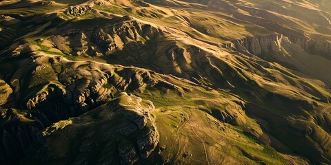 Aerial view of a mountain plateau, close-up on textured grasslands, soft shadows, golden hour, high angle. 