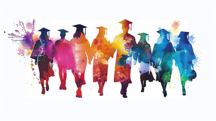 Silhouettes of students in graduation caps splash vibrant watercolors on a white background