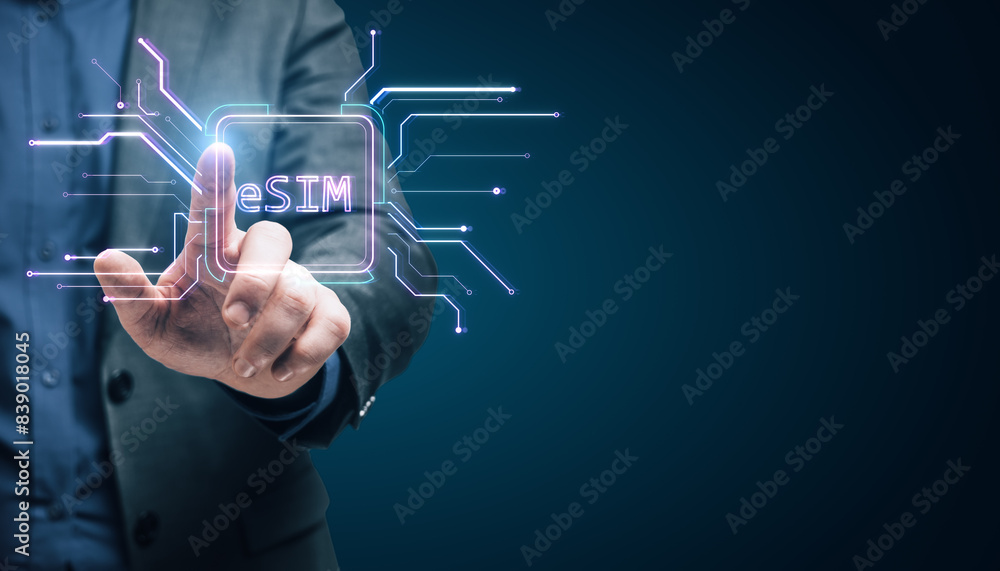 Aufkleber close up of male hand pointing at creative glowing esim hologram on blurry background with mock up p