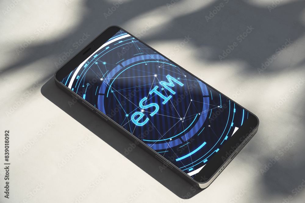 Poster Close up of smartphone with creative glowing eSim hologram on concrete background with shadows. Embedded sim and cellular mobile technology concept. 3D Rendering.