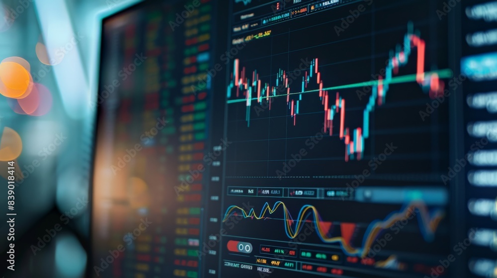 Poster a computer monitor displays a graph of a stock market.