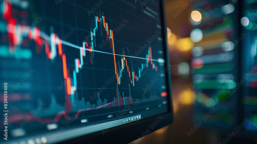 Poster a computer monitor displays a graph of a stock market