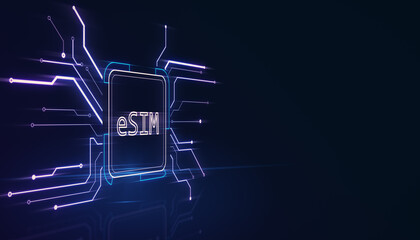 Creative glowing eSim hologram on blurry background with mock up place. Embedded sim and cellular mobile technology concept. 3D Rendering.