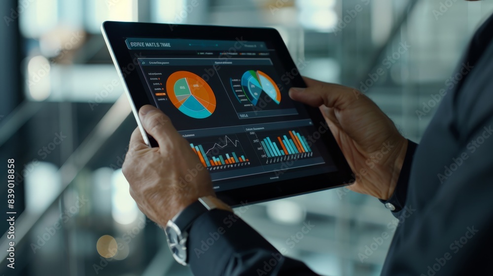 Poster a person is holding a tablet with a colorful pie chart on it. the chart is divided into different se
