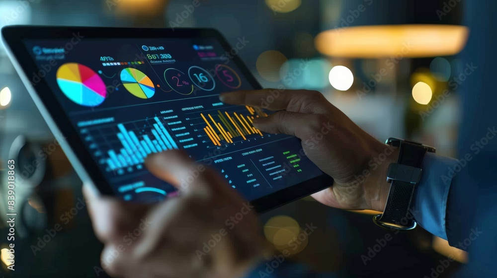 Poster a person is holding a tablet with a colorful pie chart on it. the chart is divided into different se