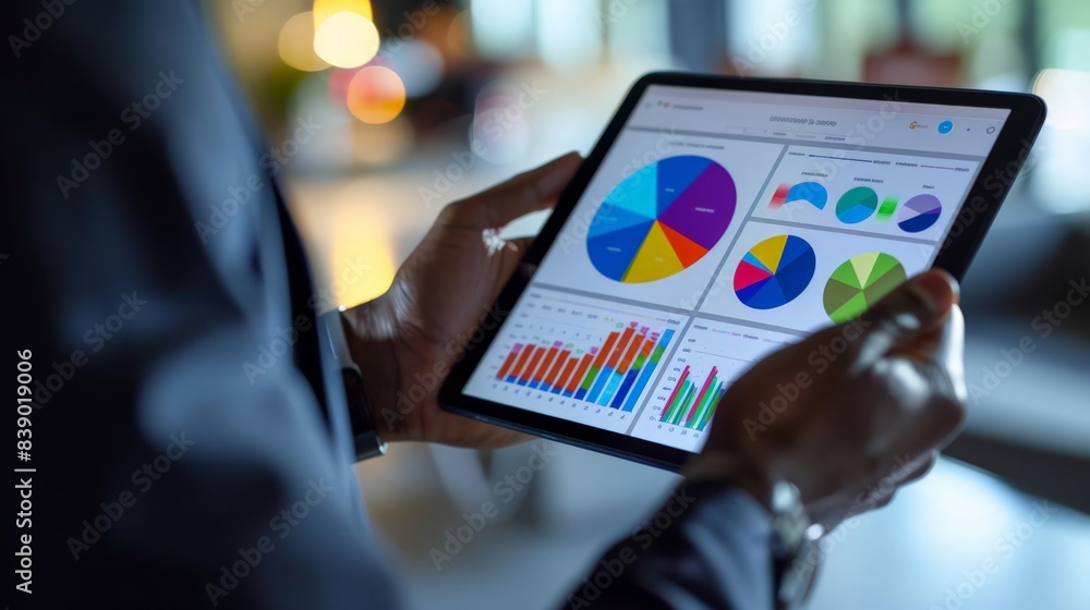 Poster a person is holding a tablet with a colorful pie chart on it. the chart is divided into different se