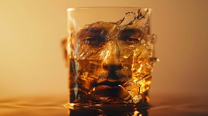 Surreal Scene of a Drunk Individual Enjoying a Glass of Whiskey in a Minimalist Setting