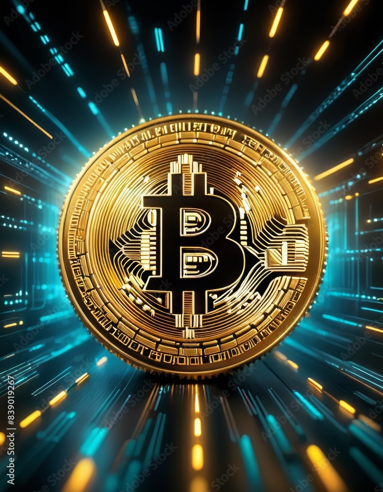 Aufkleber a glowing bitcoin symbol in a futuristic digital tunnel, symbolizing the dynamic and fast-paced worl