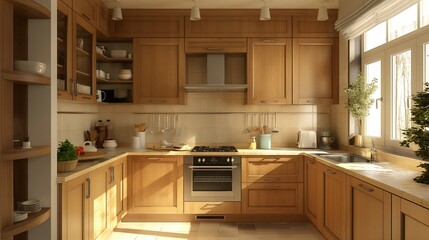 Fototapeta premium Wood cabinet sink, modern apartment home kitchen interior