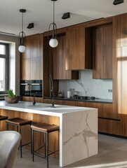 Wood cabinet sink, modern apartment home kitchen interior
