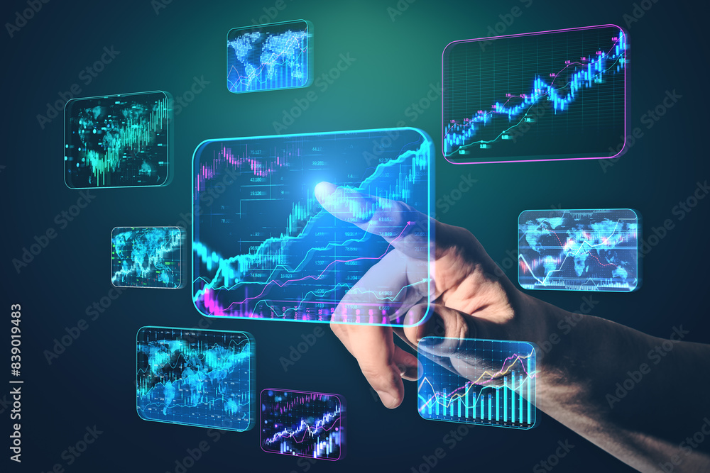 Poster close up of man hand using growing green forex chart and arrows hologram on blurry background. index