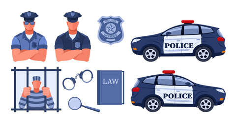 A set of illustrations on the theme of police and crime. A policeman in uniform near a police car, arrested in a striped uniform, in prison behind bars. Handcuffs, magnifying glass and book of laws.