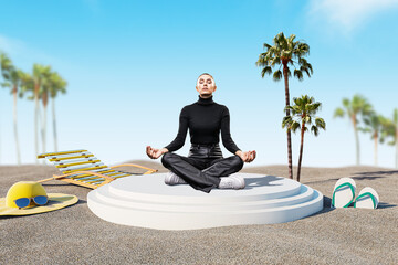 Meditating young female on the beach with various objects, sand and blue sky. Summer, relaxation...