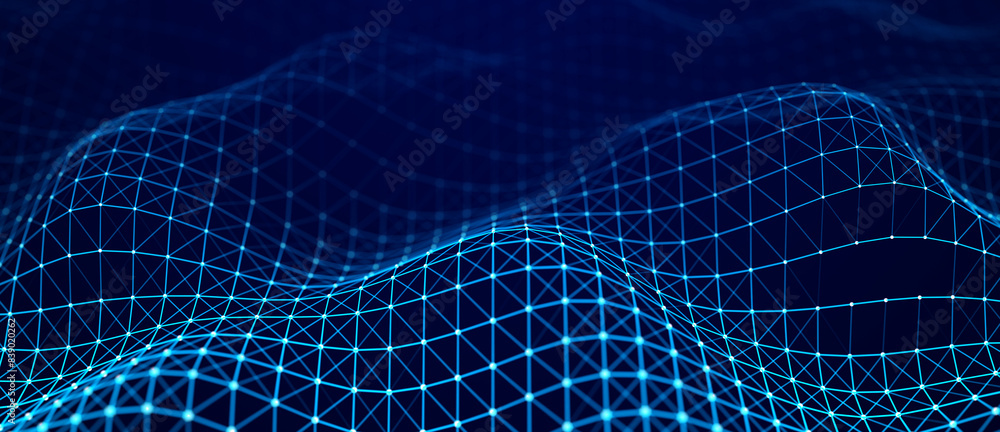 Fototapete Perspective grid of lines and dots. Network or connection. Abstract digital background of points and lines. Glowing plexus. Big data. Abstract technology science background. 3d rendering