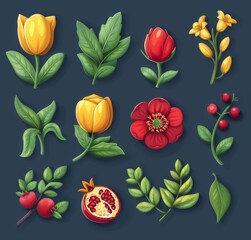 Three-dimensional set of plants and flowers. Illustration in plasticine.