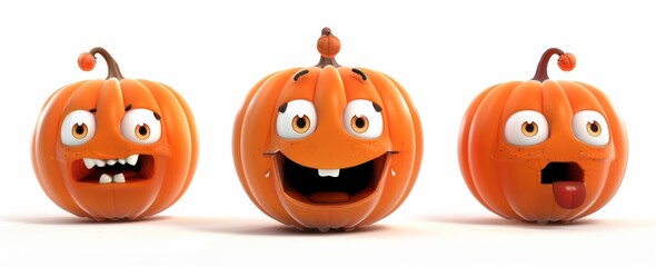 Obraz premium A 3D modern icon set with carved pumpkin cartoon characters.
