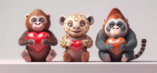 Fototapeta premium Cartoon characters of sloths, leopards, and monkeys. Modern illustration of 3D animals