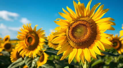 Naklejka premium Sunflower in field macro shot with great copy space for Summer.