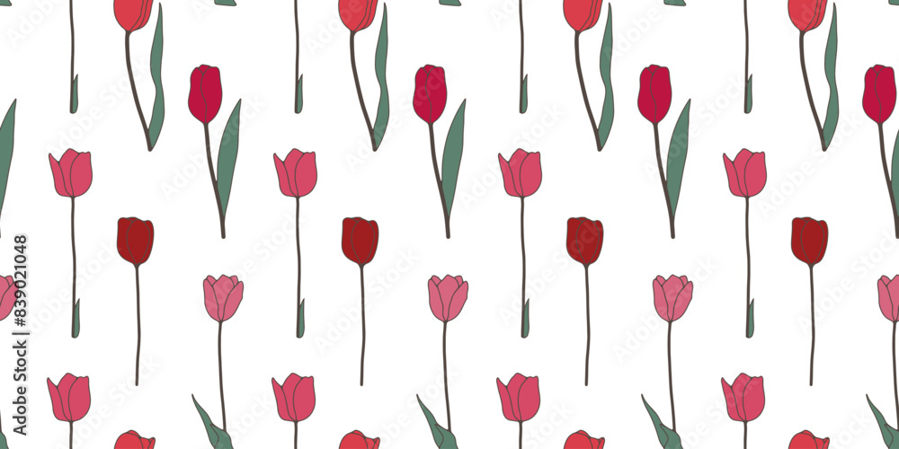 Poster minimalistic floral vector seamless pattern with pink and red tulips.