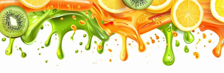 Naklejka premium Healthy food, sports and fitness. Natural fruit and vegetables. 3D realistic modern icon set showing carrots, kiwis, and oranges.