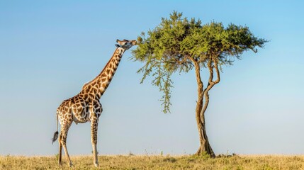 Obraz premium A giraffe is eating leaves from a tree in a savanna. The scene is peaceful and serene, with the giraffe standing tall and the tree providing shade