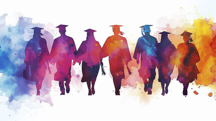 Silhouettes of students in graduation caps splash vibrant watercolors on a white background