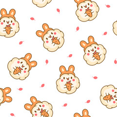 Cute kawaii popcorn with a smile. Seamless pattern. Cartoon funny food character. Hand drawn style. Vector drawing. Design ornaments.