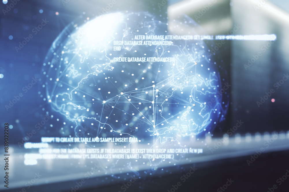 Aufkleber multi exposure of abstract programming language hologram and world map on contemporary business cent
