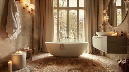 A large bathtub sits in a bathroom with a view of a forest. The room is decorated with a lot of plants and has a cozy, relaxing atmosphere