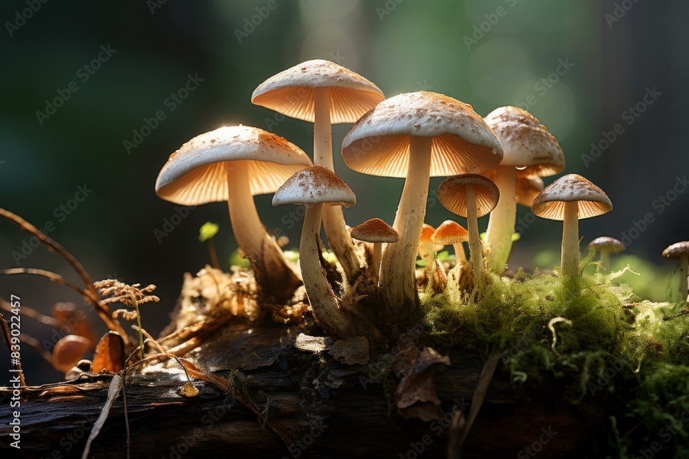 Poster sunbeams illuminate a cluster of mushrooms growing from a moss-covered log in the forest