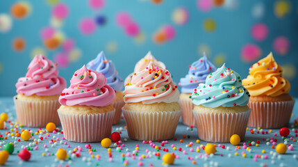 Cupcakes with pink and blue frosting, topped with sprinkles, set against a light teal pastel background. Confetti in the background adds a vibrant, celebration vibe.