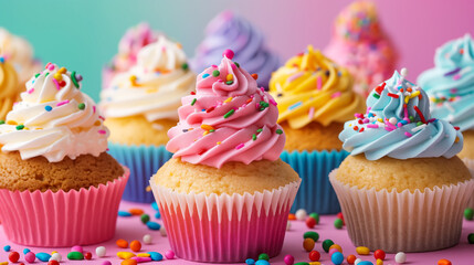 Cupcakes with pink and blue frosting, topped with sprinkles, set against a light teal pastel background. Confetti in the background adds a vibrant, celebration vibe.