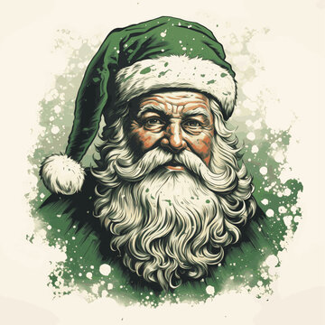 Lino print style green christmas santa claus, Santa claus vector face.