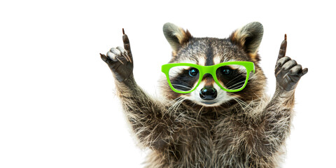 Fototapeta premium raccoon in green glasses on a white background