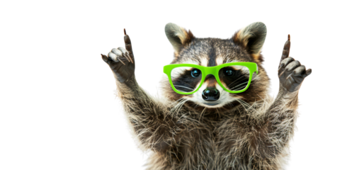 raccoon in green glasses on a white background